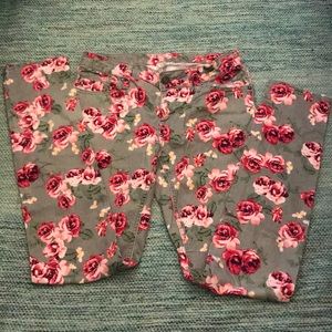 Gray Floral Pants, Pink Rose Print